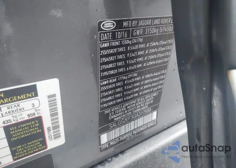 2016 Land Rover Range Rover 5.0L V8 Supercharged z USA, uszkodzony, nr VIN SALGS2EF3GA317589